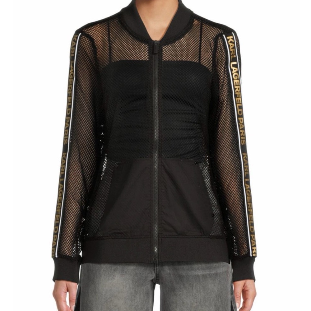 Karl Lagerfeld Black Mesh Jacket with Gold Lettering - Picture 3 of 6
